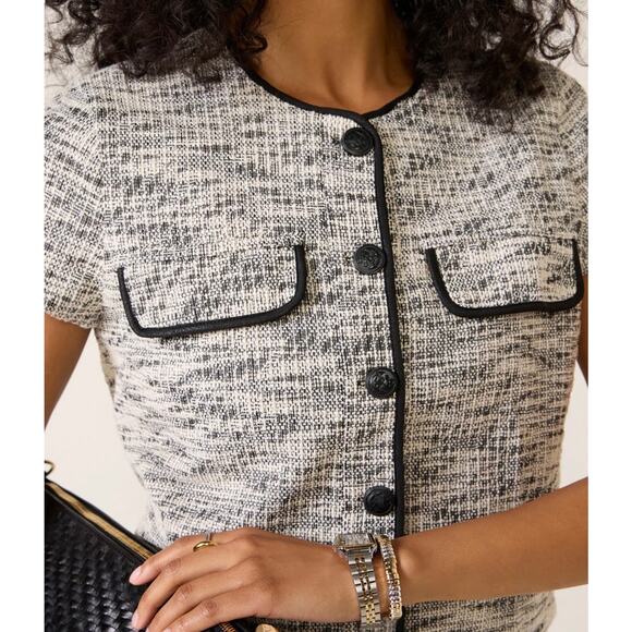 NWT Evereve Margot Tweed Short Sleeve Cardigan Jacket in Cream Black Size Small - Picture 2 of 11